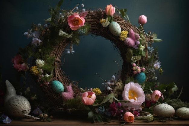 A floral wreath with flowers and eggs on a table.