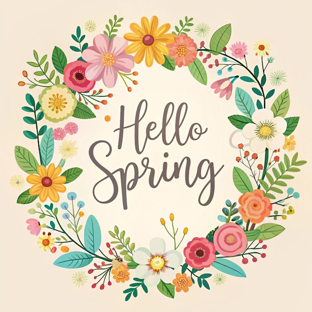 Photo a floral wreath with flowers and the words hello spring