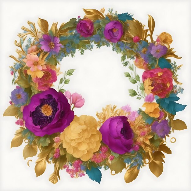 A floral wreath with a gold frame and a colorful flowers on it generated by ai