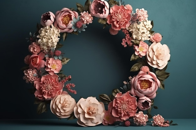 A floral wreath with paper flowers on the bottom.