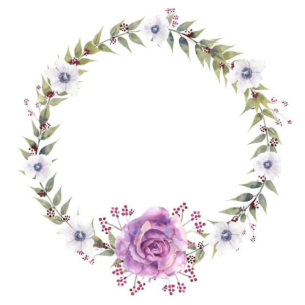 Floral wreath with purple roses and anemones on a white isolated background handdrawn watercolor ill