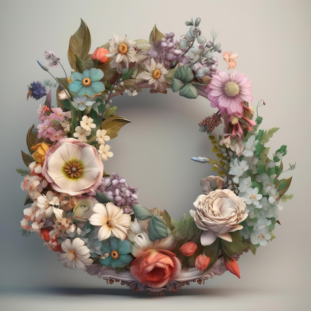 A floral wreath with a white frame is on a gray background.