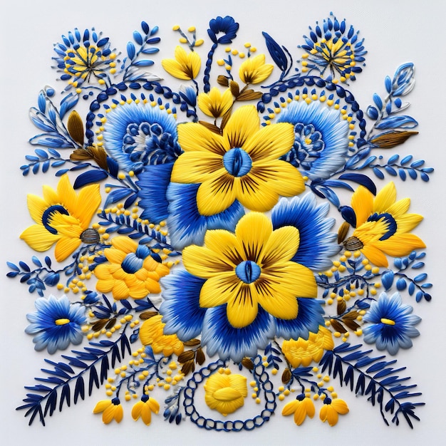 Floral yellowblue composition based on Ukrainian embroidery on a white background