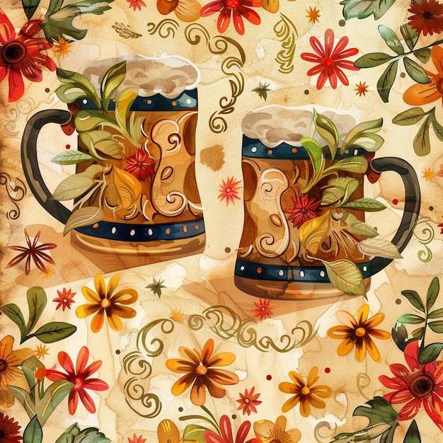 FloralDesigned Oktoberfest Beer Mugs on Background