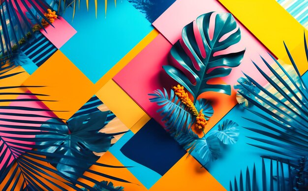 Florals and palms on top of a bright and colorful background