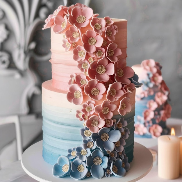 Photo a floralthemed gradient cake blending soft shades of pink and blue 1