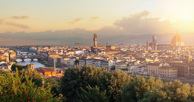 Florence cityscape Skyline of Florence Italy with Florence Duomo Basilica di Santa Maria del Fiore and the bridges over the river Arno Firenze landmarks