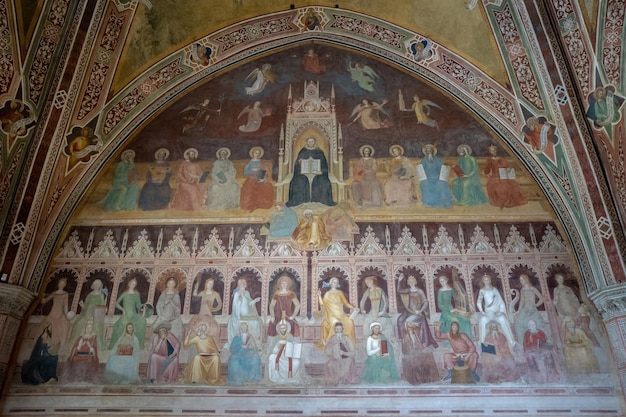 Florence, Italy - June 24, 2018: Panoramic view of interior of Basilica of Santa Maria Novella. it is the first great basilica in Florence, and is the city's principal Dominican church