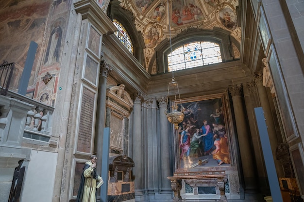 Florence, Italy - June 24, 2018: Panoramic view of interior of Basilica of Santa Maria Novella. it is the first great basilica in Florence, and is the city's principal Dominican church