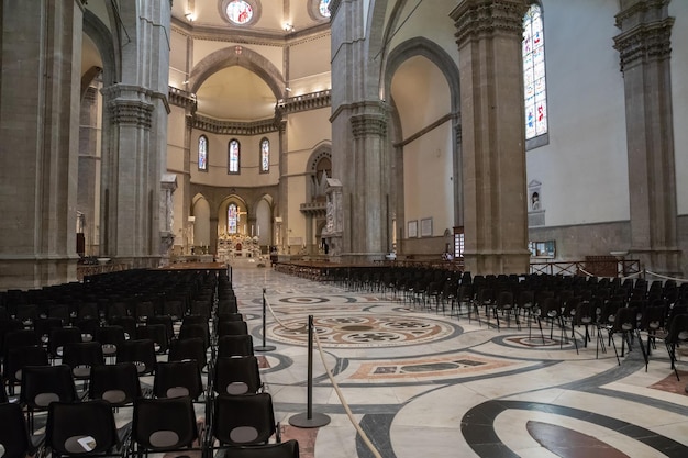 Florence, Italy - June 24, 2018: Panoramic view of interior of Cattedrale di Santa Maria del Fiore (Cathedral of Saint Mary of the Flower) is the cathedral of Florence