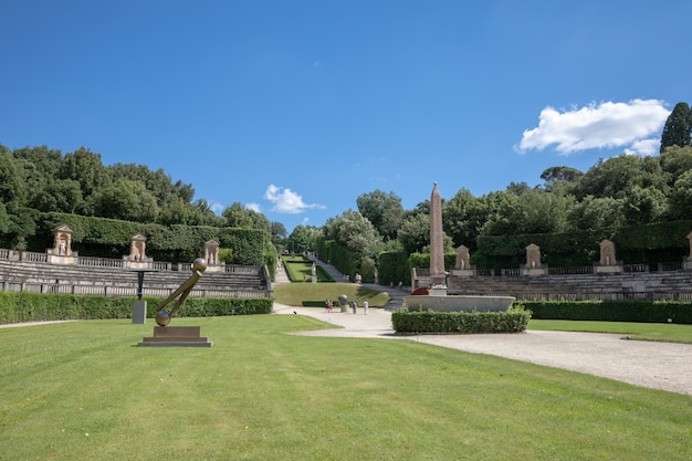 Florence, Italy - June 26, 2018: Panoramic view of Boboli Gardens (Giardino di Boboli) is a park in Florence, Italy, that is home to a collection of sculptures and some Roman antiquities