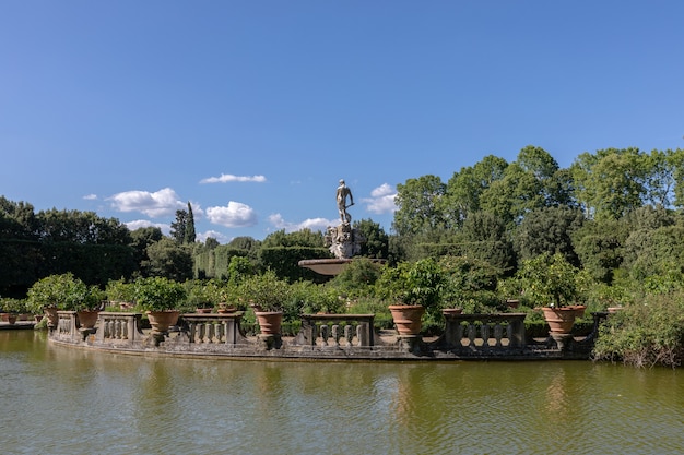 Florence, Italy - June 26, 2018: Panoramic view of Boboli Gardens (Giardino di Boboli) is a park in Florence, Italy, that is home to a collection of sculptures and some Roman antiquities