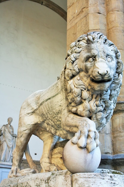 Florence Tuscany Italy ancient statue of a lion in Piazza della Signoria sculpture