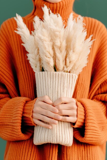 Photo florist arranging a bouquets of dried pampas grass in cozy knit sweater