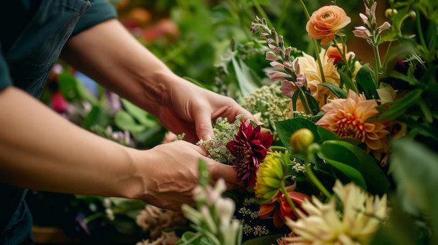 Florist Arranging a Vibrant Bouquet of Diverse Flowers and Green Foliage for Floral Design Projects