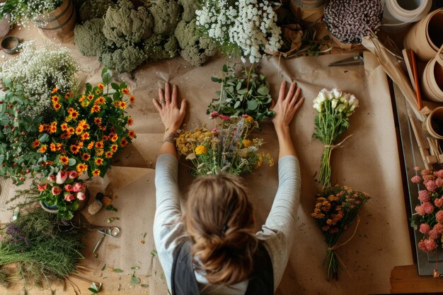 Florist Creating EcoFriendly Bouquet Using Seasonal Flowers with Sustainable Materials