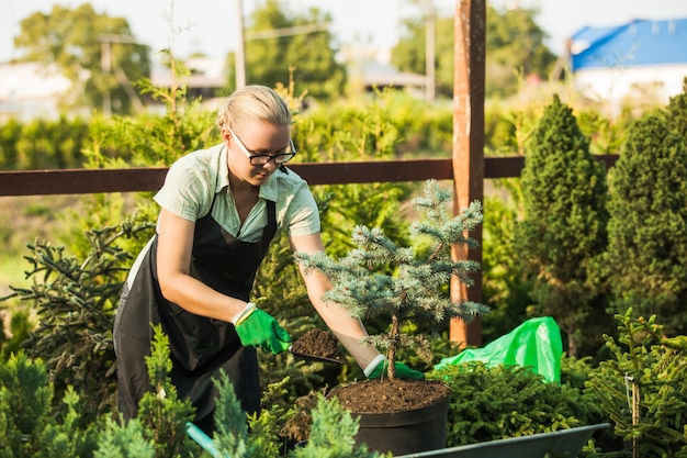 Floristwoman working with seedlings