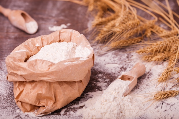 Flour in  bag and wooden spoon