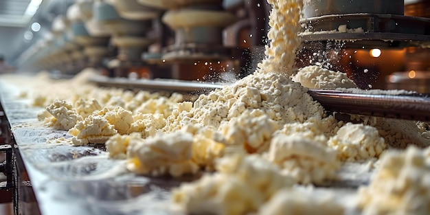 Flour being poured into a dough mixer at a factory part of an automated production line Concept Food manufacturing Industrial equipment Automated production Flour processing Factory automation