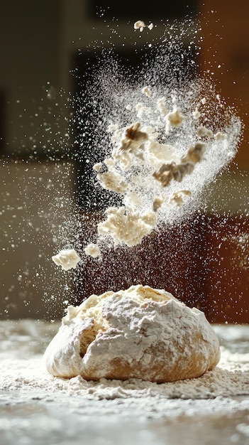 Photo flour dusting over loaf of bread creates dynamic and artistic scene