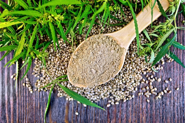 Flour hemp in spoon with leaf and grain on board top