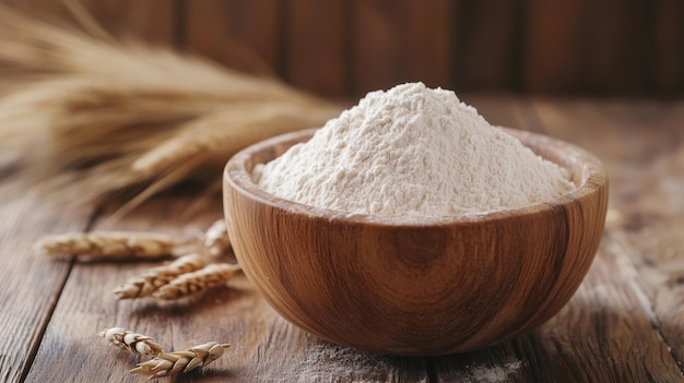 Flour in wooden bowl wheat stalks rustic background