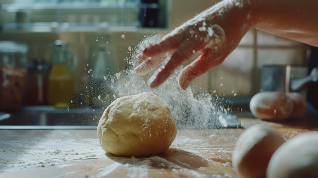 Photo flourdusted hands knead a ball of dough on a sunlit kitchen counter capturing the artistry and essence of home baking