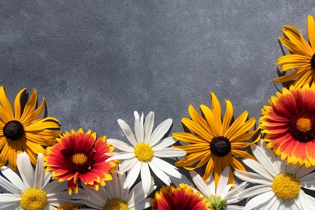 Flower arrangement on the background with a space for text Top view flat layout Postcard