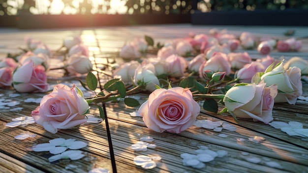 A flower arrangement on a deck with petals and flowers