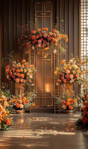 a flower arrangement is on display in a room with a door that says quot flowers quot