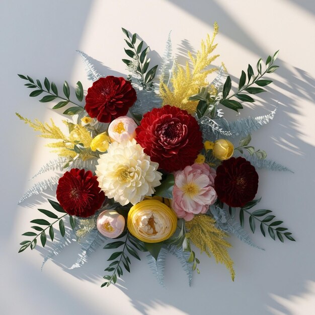 a flower arrangement is on a white table with a yellow flower in the center