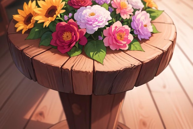 Photo a flower arrangement is on a wooden stand