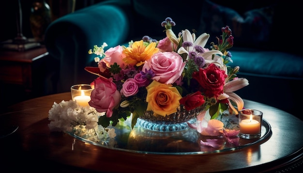 Flower arrangement on table candlelight adds romance generated by AI