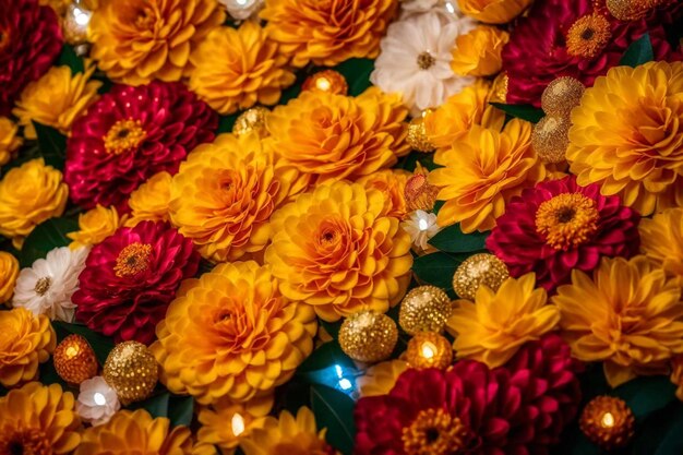 Photo a flower arrangement with gold balls and a white ribbon with a white bow