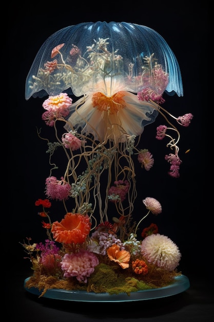 A flower arrangement with a jellyfish on it