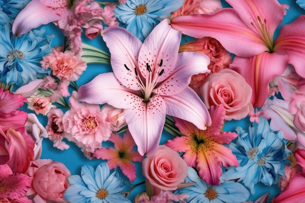 A flower arrangement with a pink lily on it