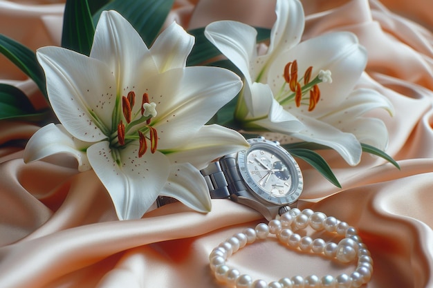 Flower Arrangement with Watch and Pearls