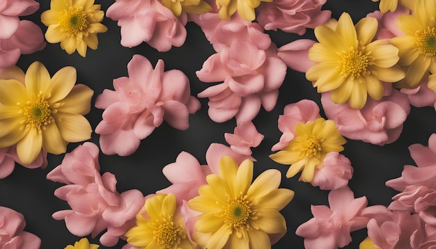 a flower arrangement with yellow and pink flowers on a black background