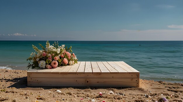 Photo a flower arrangement on a wooden platform on the beach