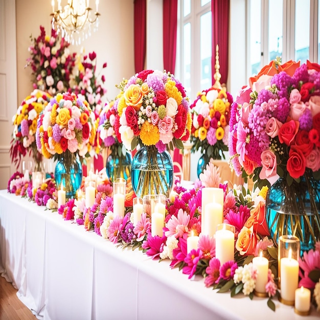 Photo flower arrangements as a backdrop for wedding celebrations in indonesia ai generated