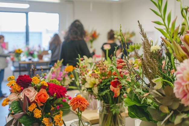 Flower Arranging Workshop with Participants Learning from Professional Florist in Creative Setting