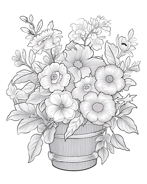 Flower Basket in Pot Coloring Book