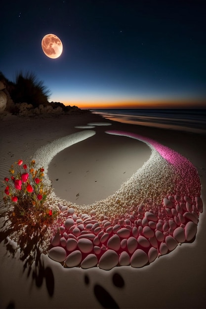 Flower bed on a beach with a full moon in the background generative ai