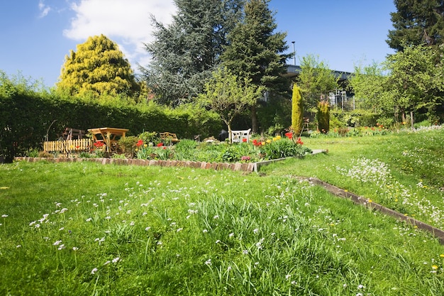 Flower bed with spring flowers, formal garden