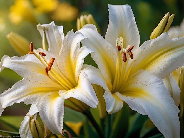 A flower bed with yellow and white lilies in the middle ai generated