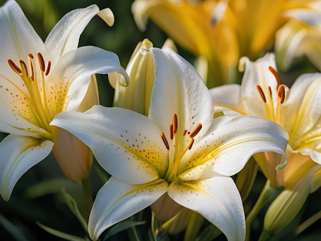 A flower bed with yellow and white lilies in the middle ai generated