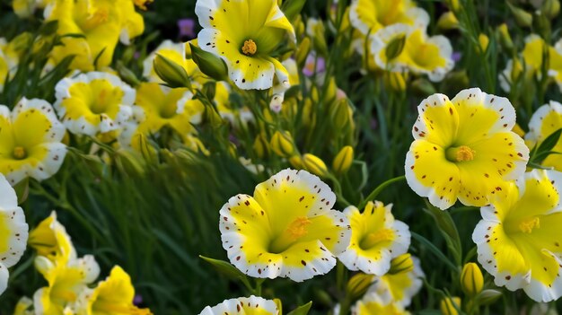 Flower bed with yellow and white lily flowers in the garden