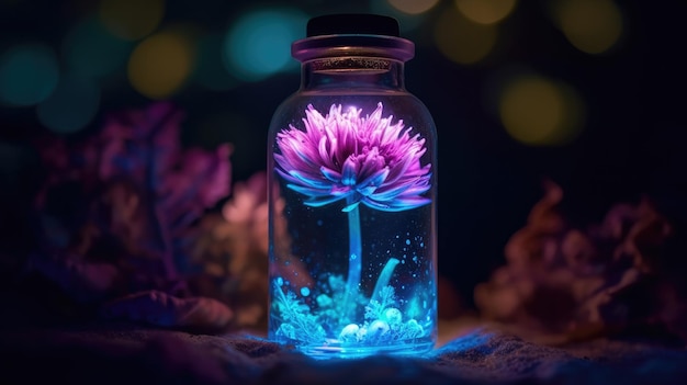 A flower in a bottle with a blue glow on the bottom