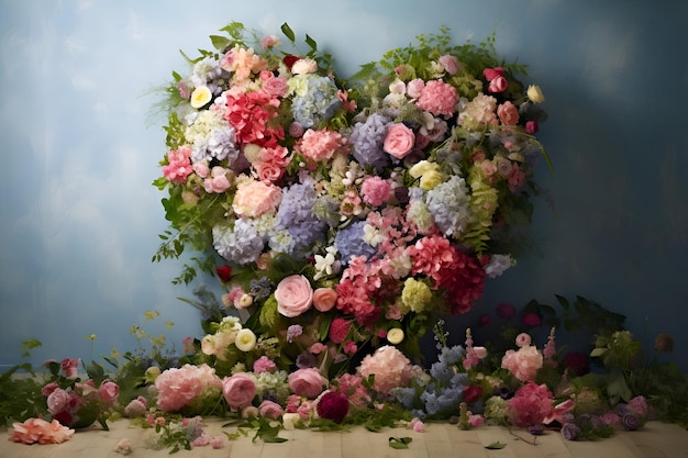 Flower bouquet in the shape of a heart on a blue background