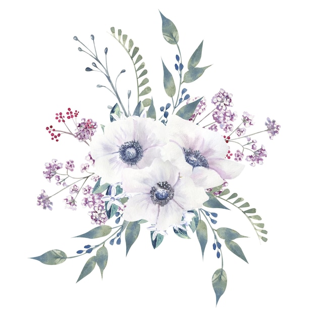 Flower bouquets with purple roses and anemones on a white isolated background Handdrawn watercolor illustration